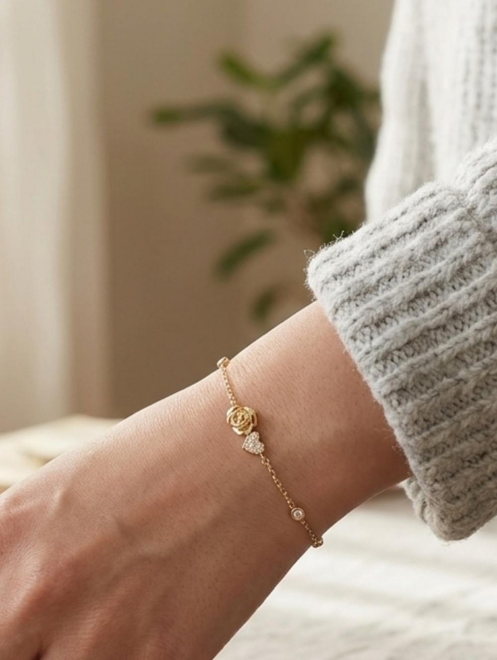 Dainty Gold Rose & Crystal Heart Bracelet Minimalist Floral Link Chain